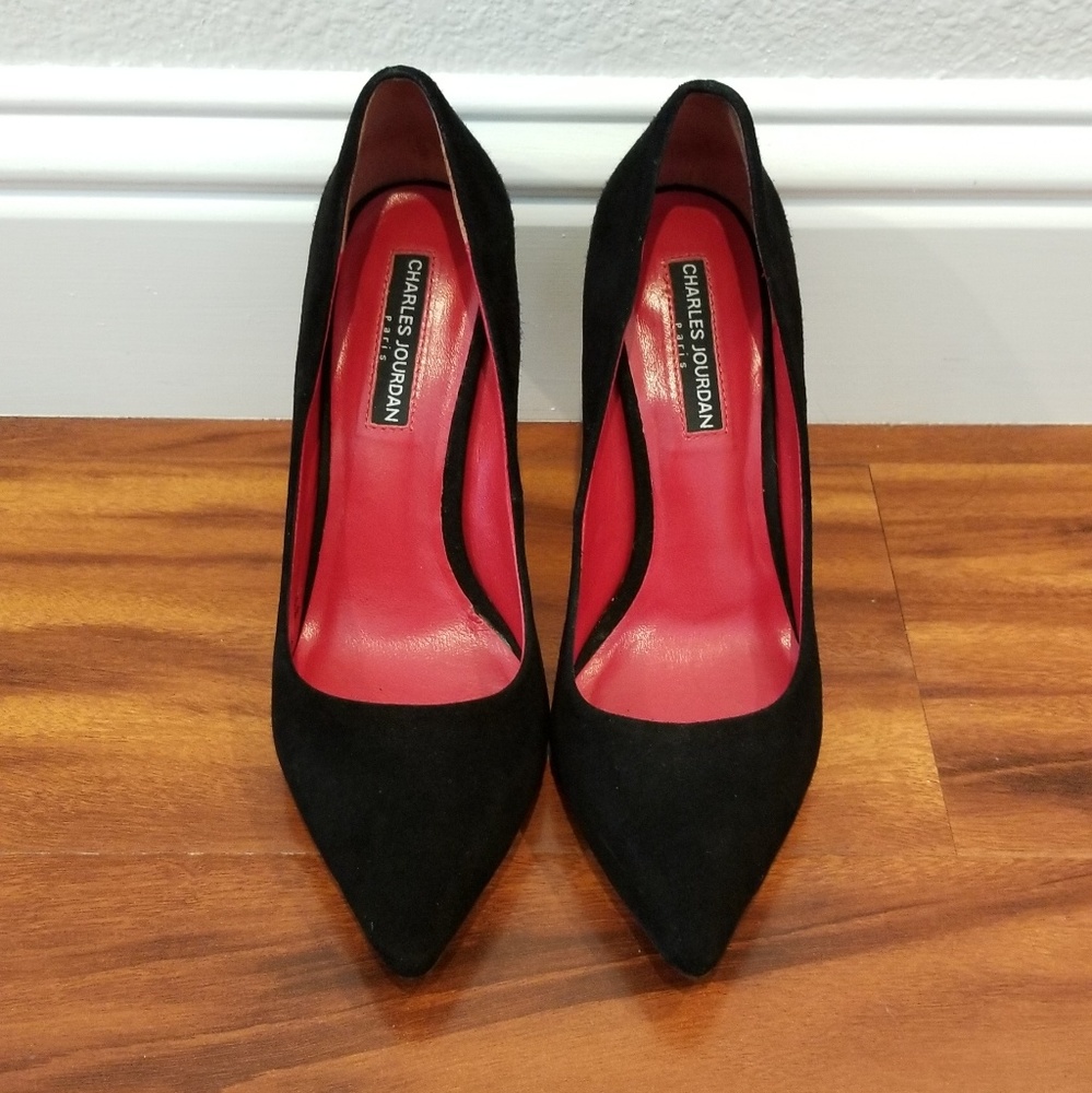 Charles Jourdan black suede pointed toe pumps
